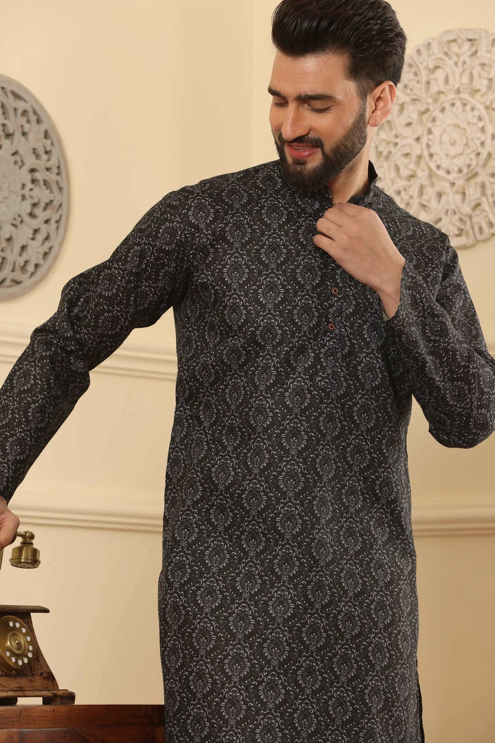 Black Cotton Printed Kurta Pyjama Set for Men