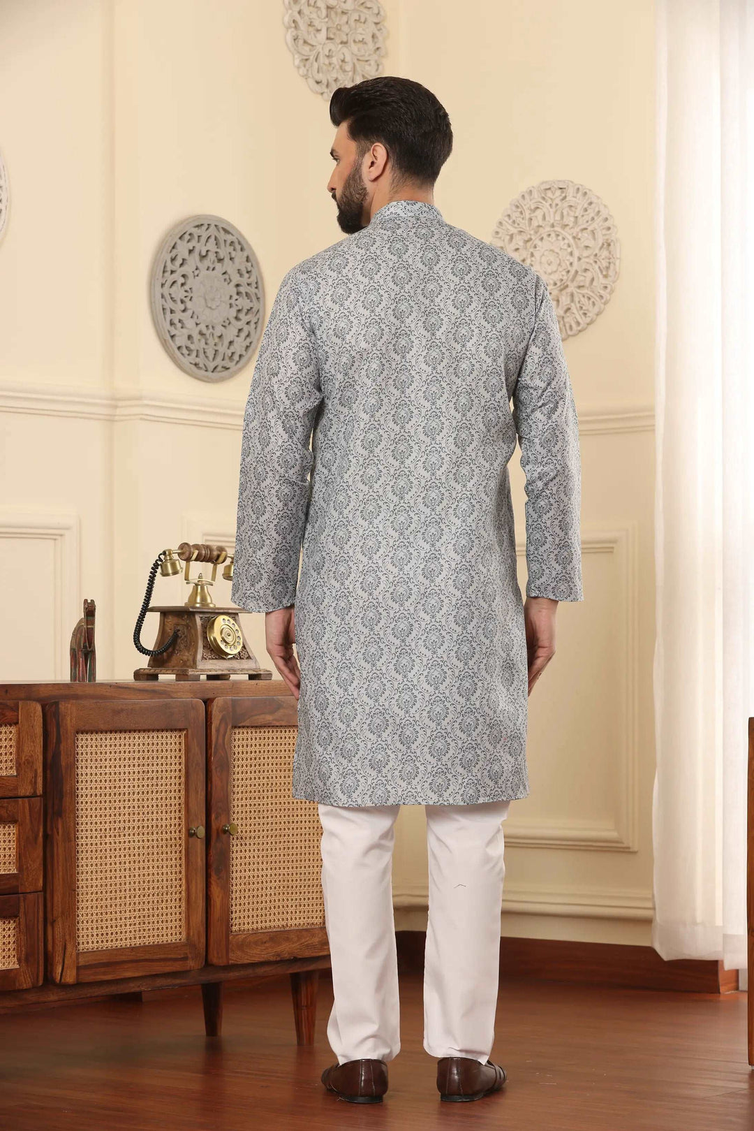 Grey Printed Kurta and Pyjama Set for Men