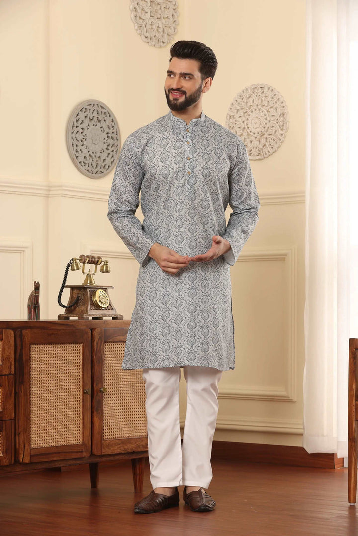 Grey Printed Kurta and Pyjama Set for Men