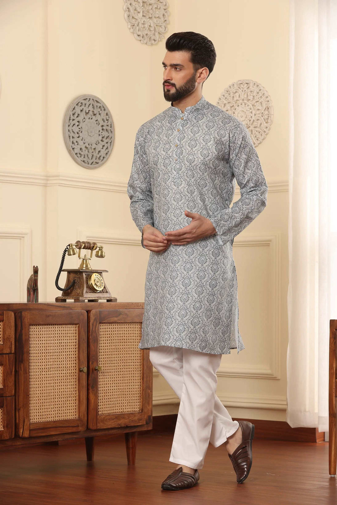 Grey Printed Kurta and Pyjama Set for Men