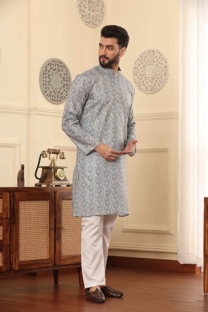 Grey Printed Kurta and Pyjama Set for Men