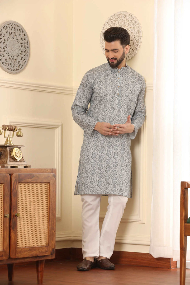 Grey Printed Kurta and Pyjama Set for Men