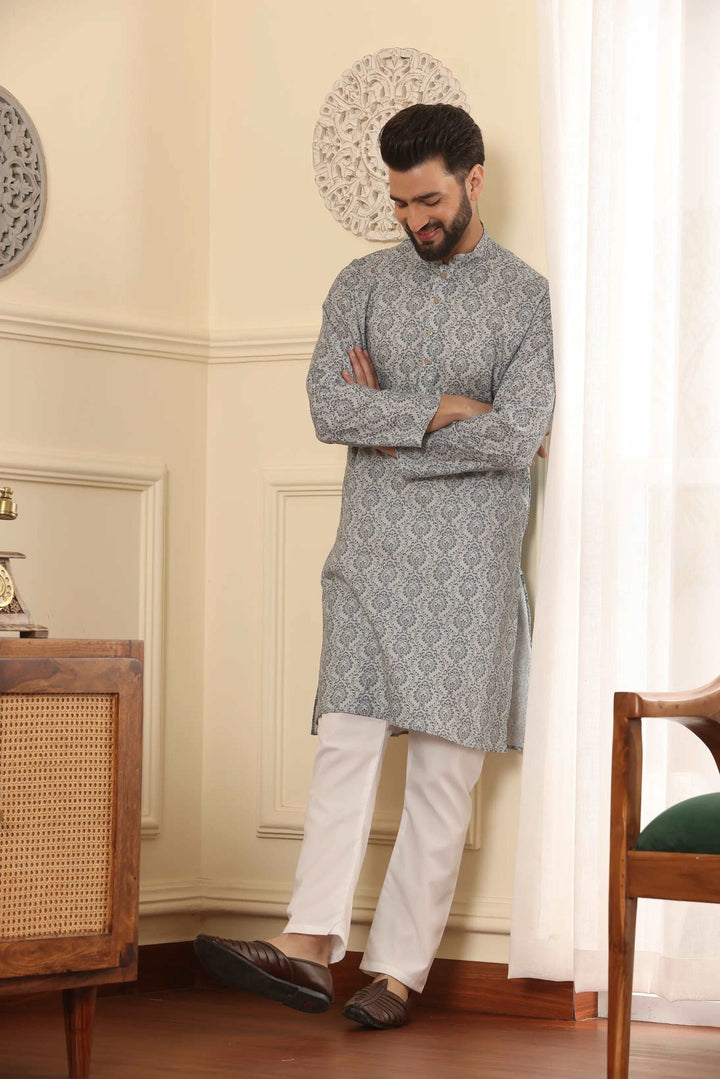 Grey Printed Kurta and Pyjama Set for Men