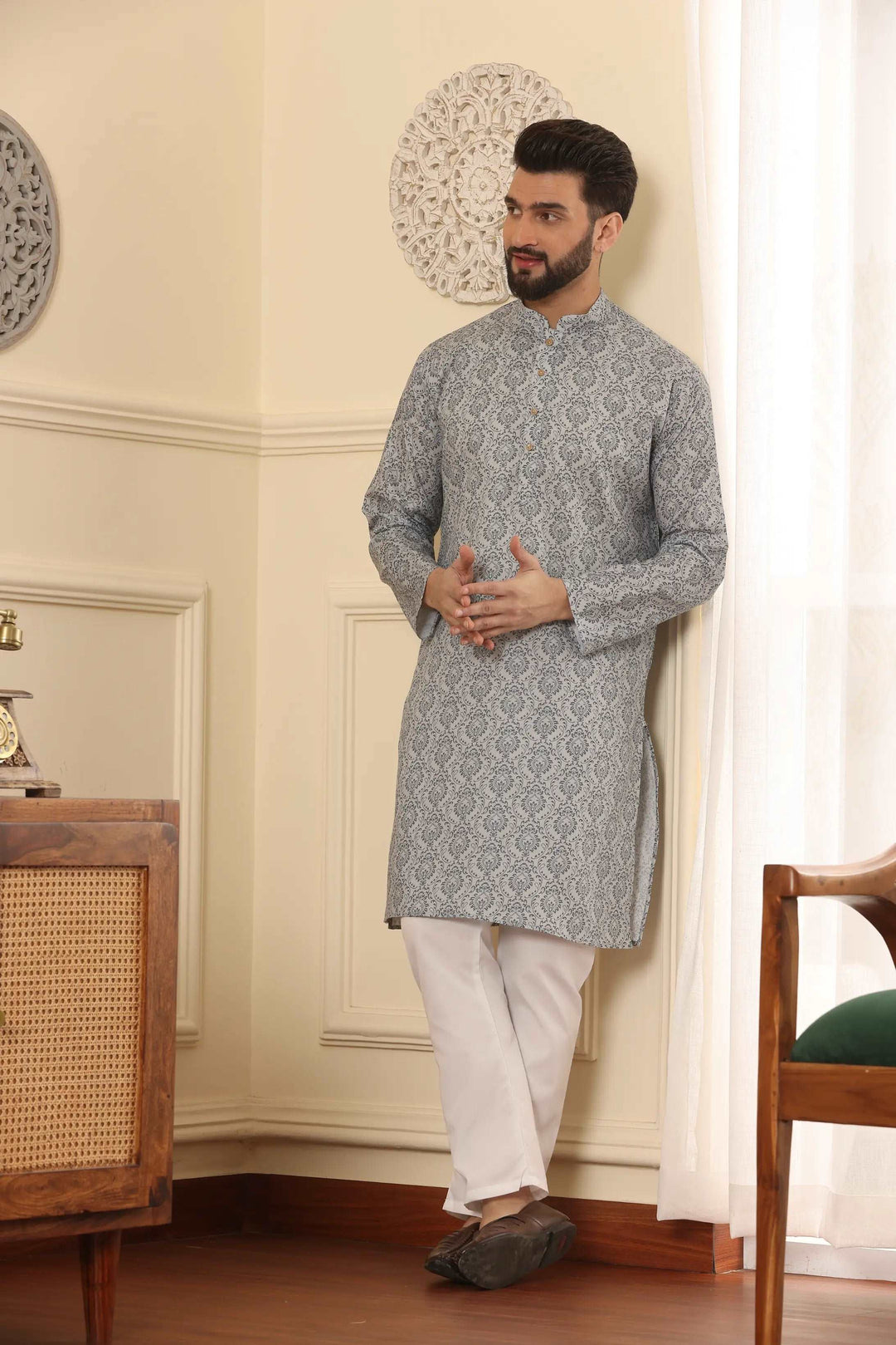 Grey Printed Kurta and Pyjama Set for Men