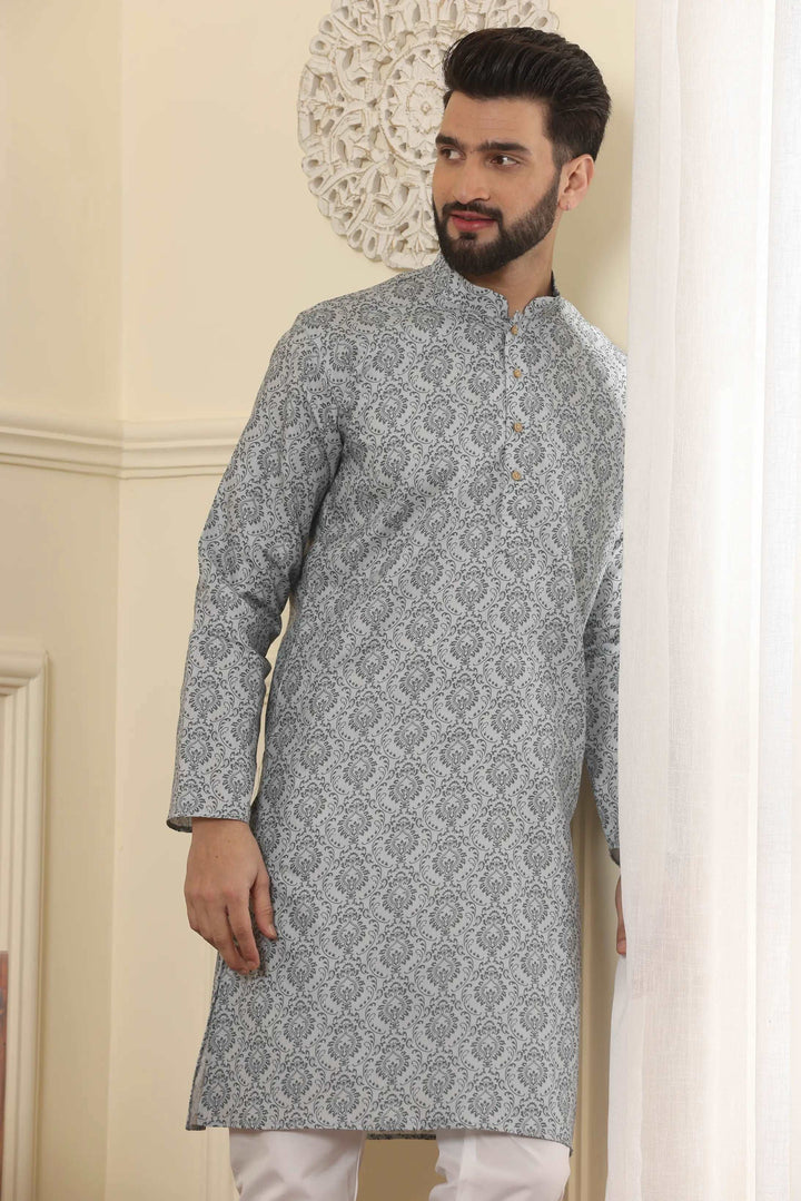 Grey Printed Kurta and Pyjama Set for Men