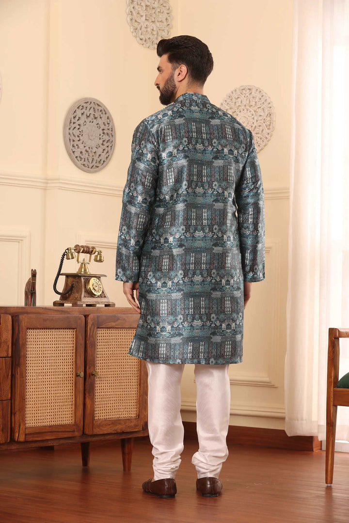 Blue Silk Printed Kurta & Churidar Set