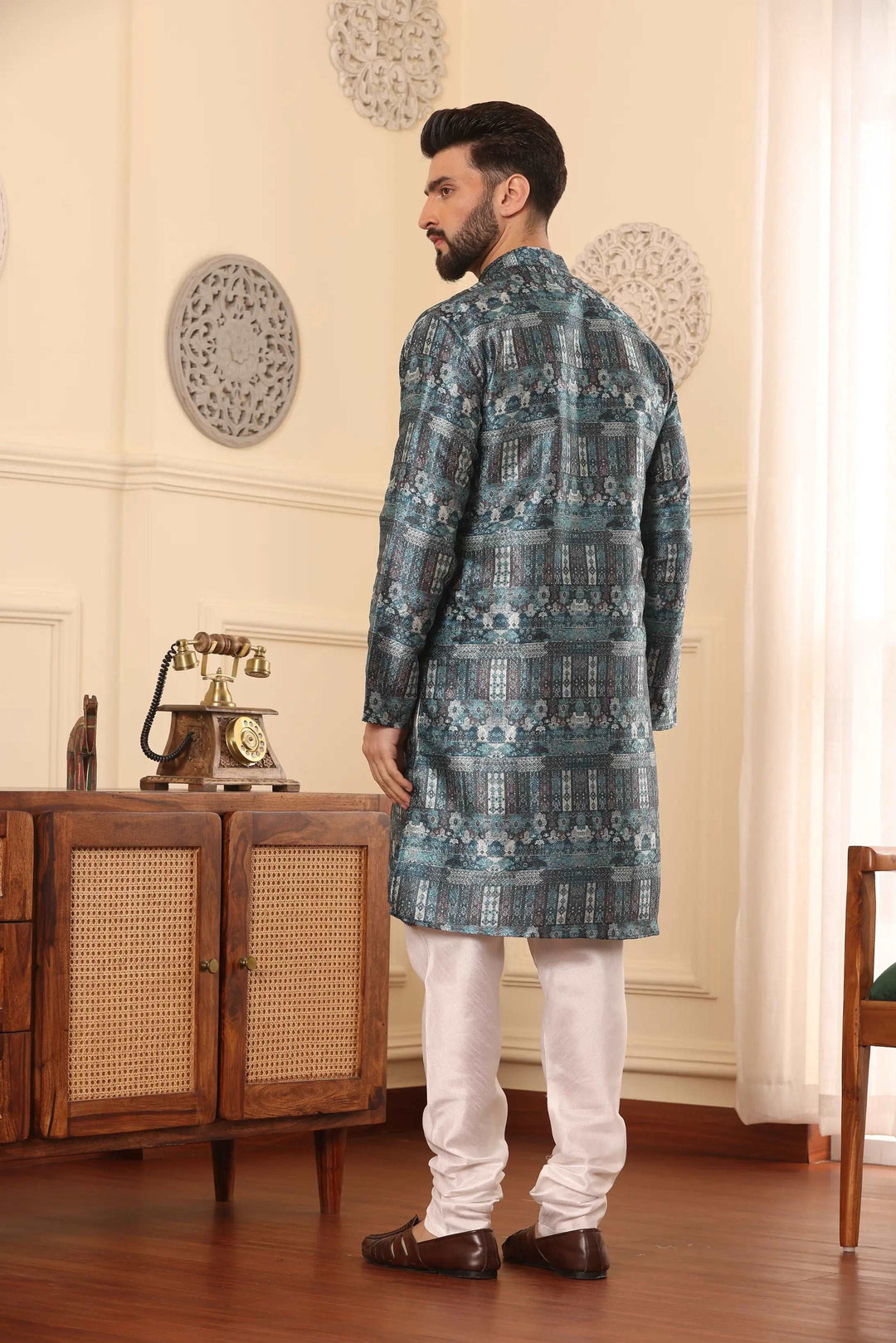 Blue Silk Printed Kurta & Churidar Set