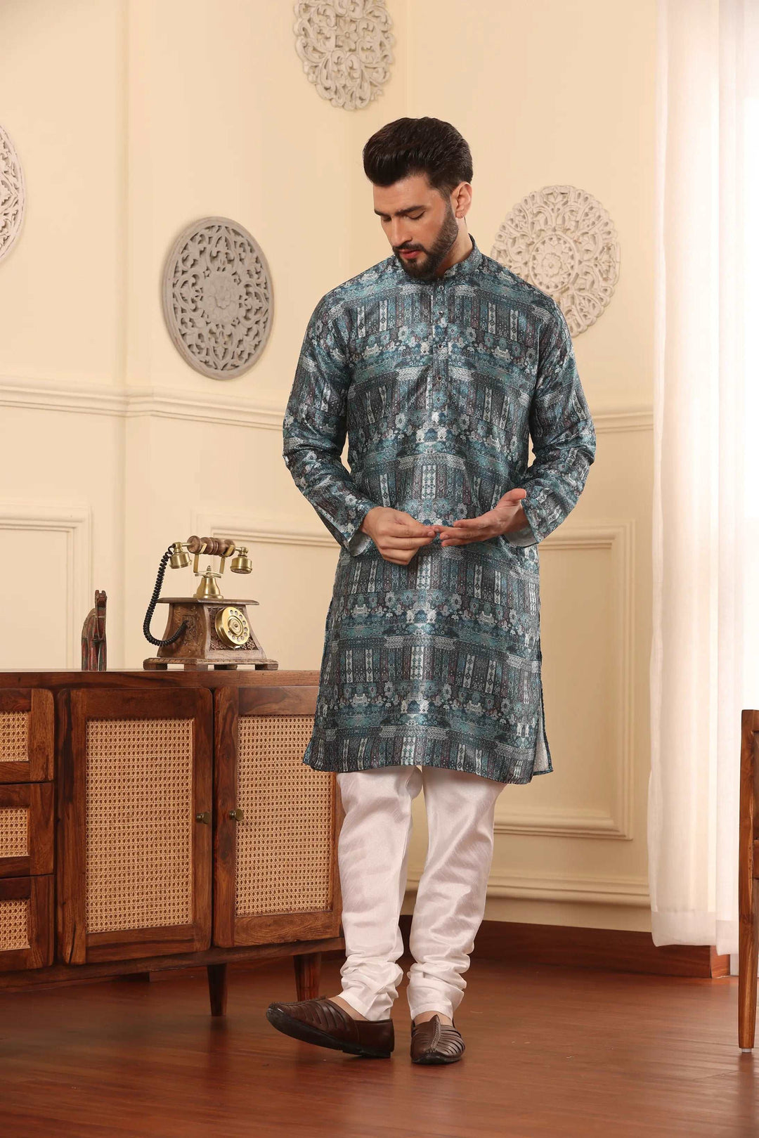 Blue Silk Printed Kurta & Churidar Set