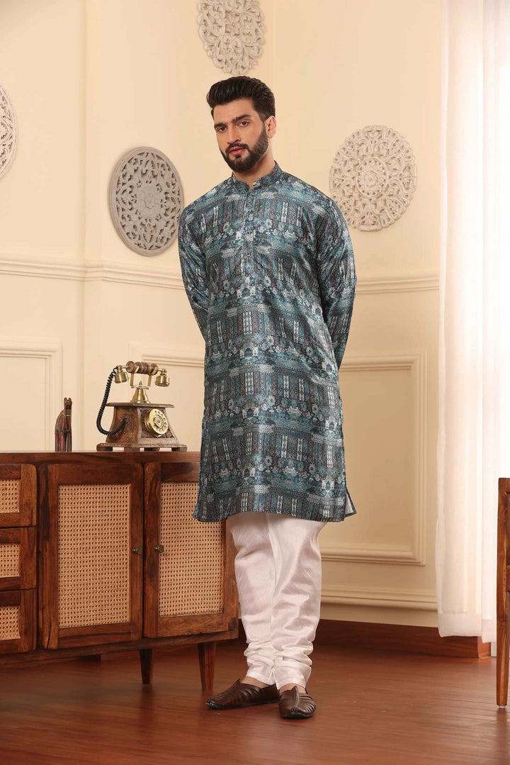 Blue Silk Printed Kurta & Churidar Set