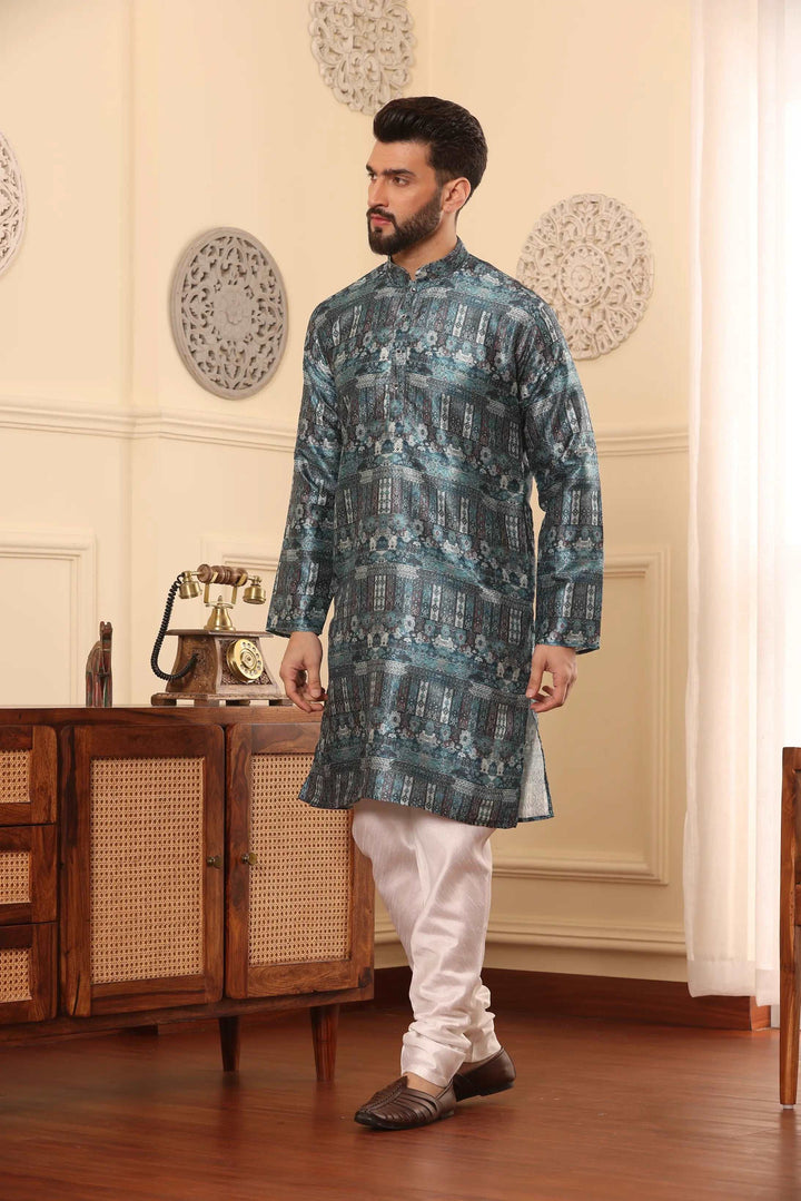 Blue Silk Printed Kurta & Churidar Set