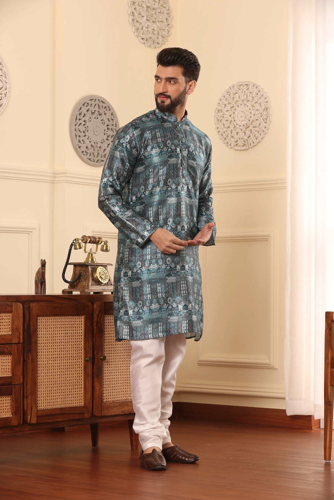 Blue Silk Printed Kurta & Churidar Set