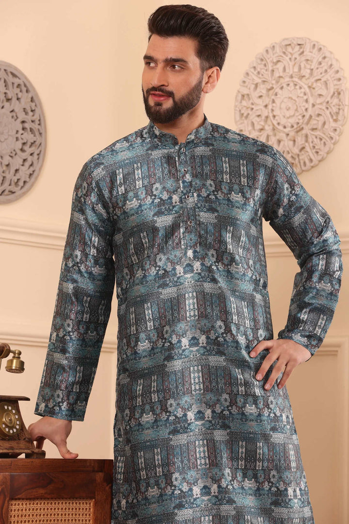 Blue Silk Printed Kurta & Churidar Set