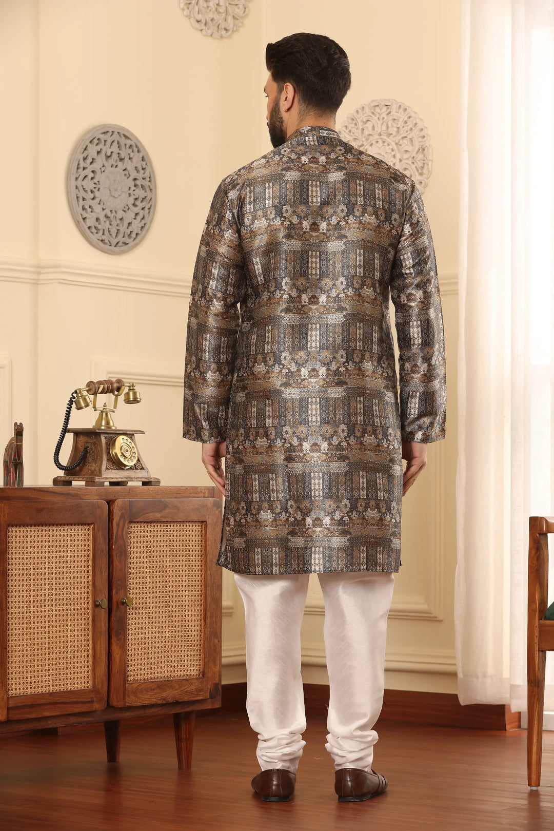 Stunning Brown Silk Printed Kurta & Churidar Set