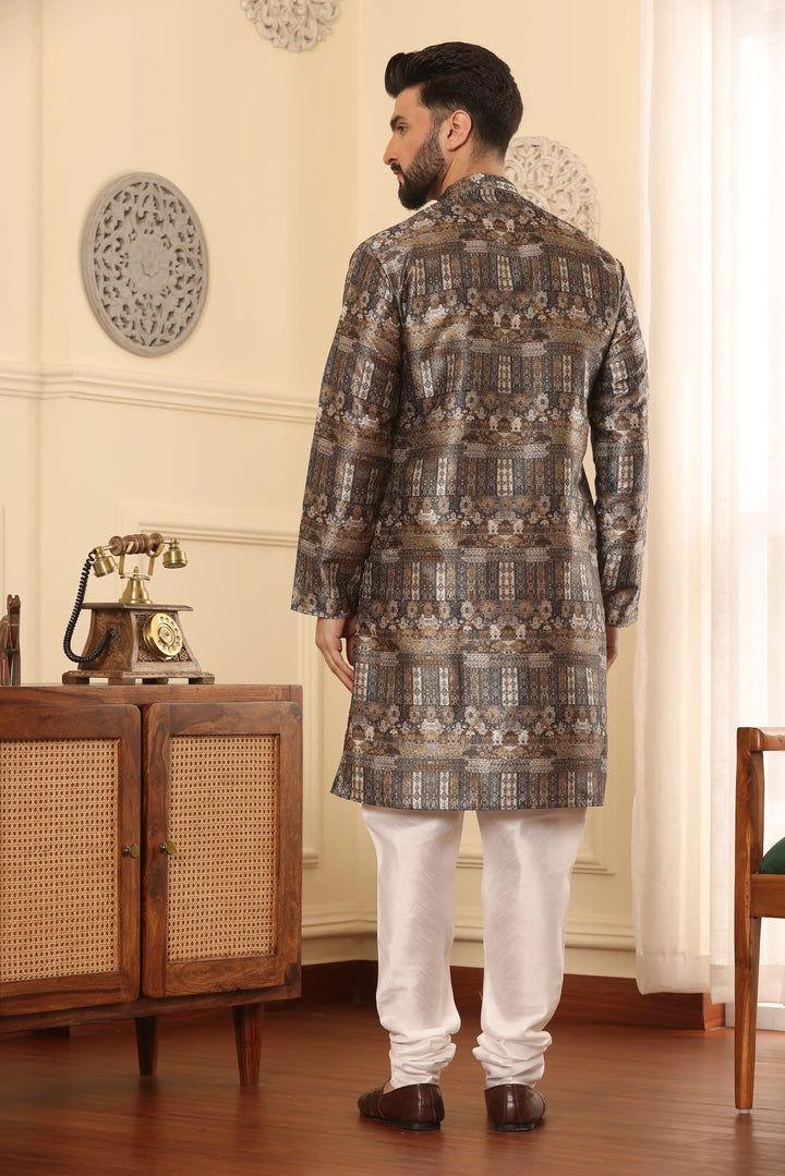 Stunning Brown Silk Printed Kurta & Churidar Set