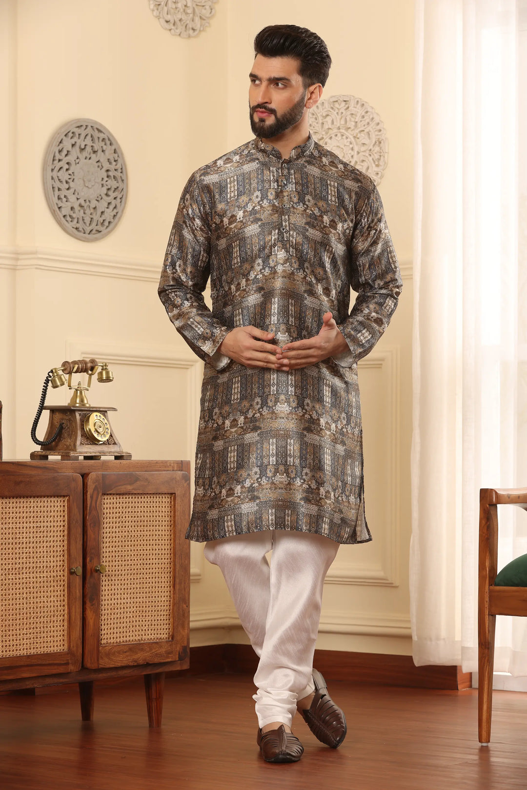 Stunning Brown Silk Printed Kurta & Churidar Set