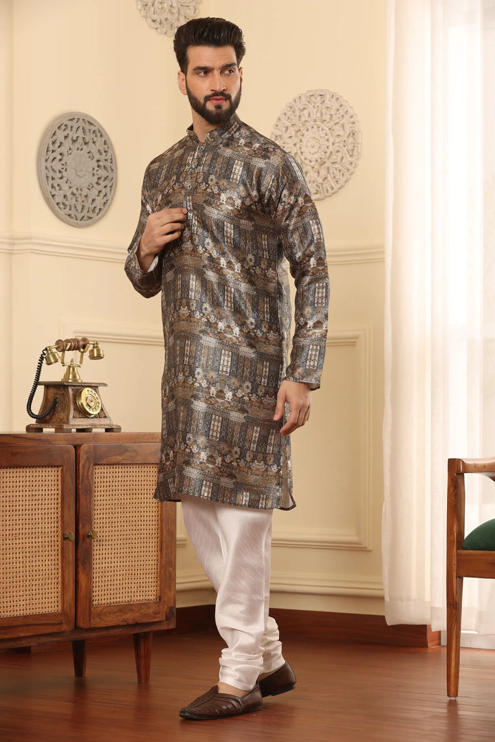 Stunning Brown Silk Printed Kurta & Churidar Set