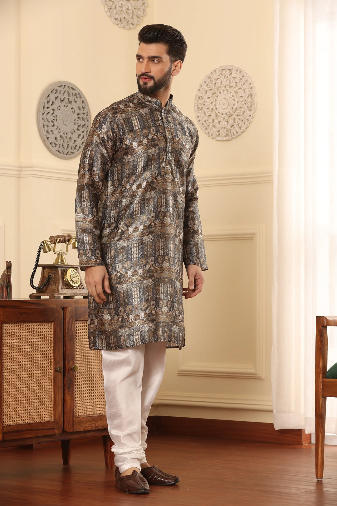 Stunning Brown Silk Printed Kurta & Churidar Set