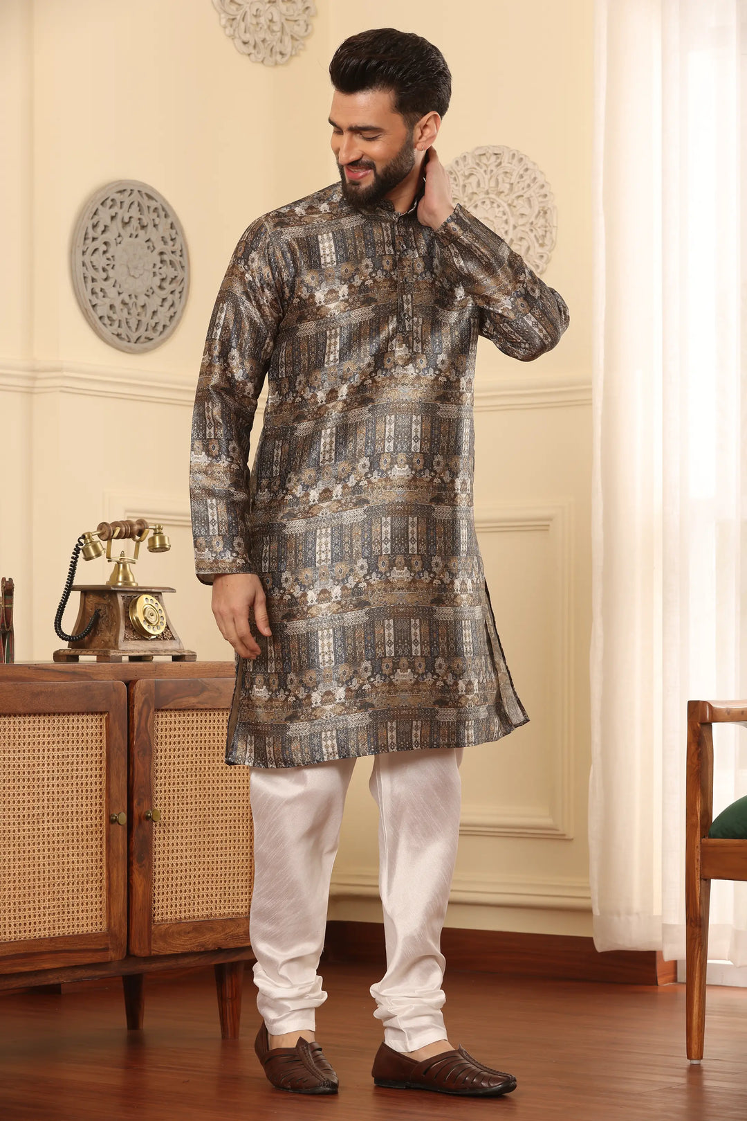 Stunning Brown Silk Printed Kurta & Churidar Set