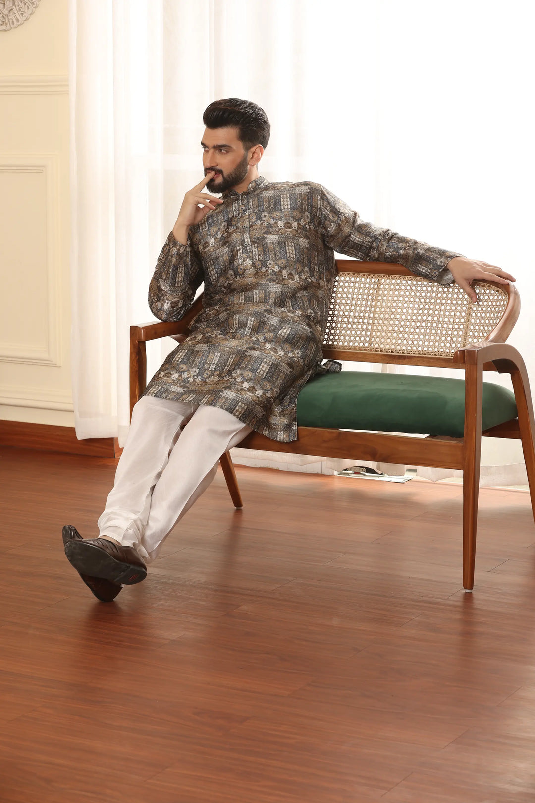 Stunning Brown Silk Printed Kurta & Churidar Set