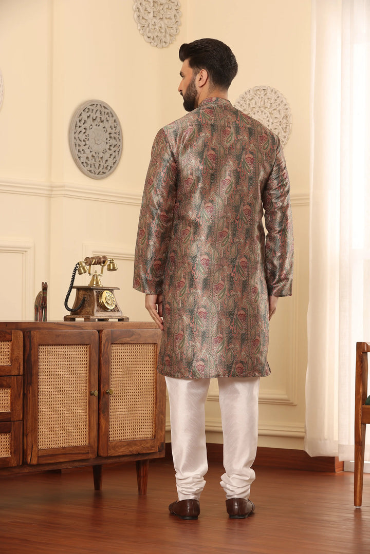 Silk Printed Green Kurta & Churidar Set