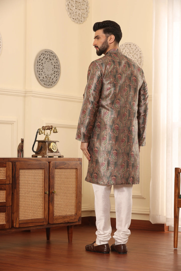 Silk Printed Green Kurta & Churidar Set