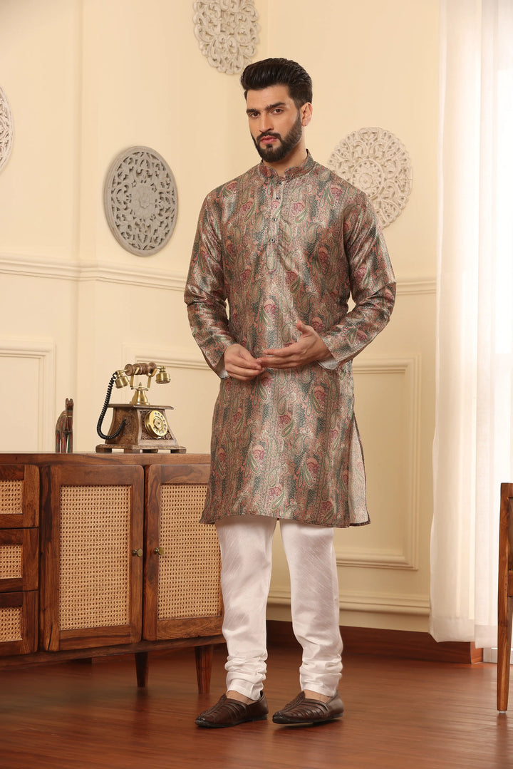 Silk Printed Green Kurta & Churidar Set