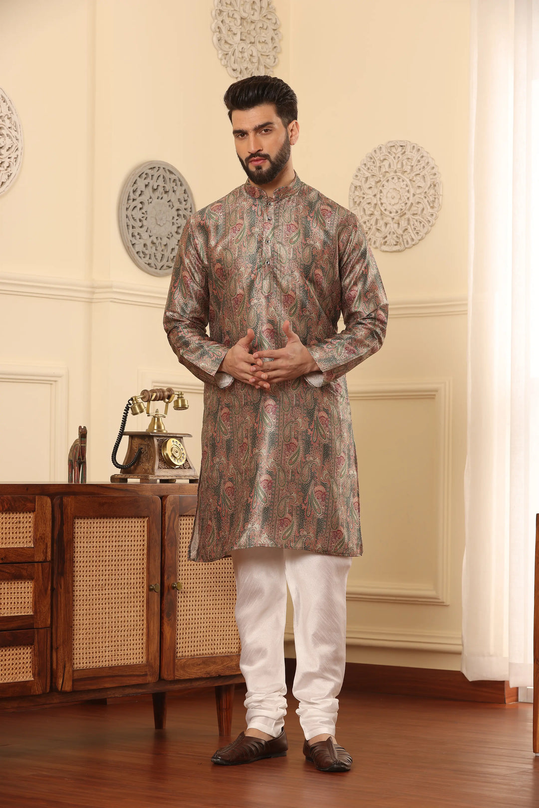 Silk Printed Green Kurta & Churidar Set