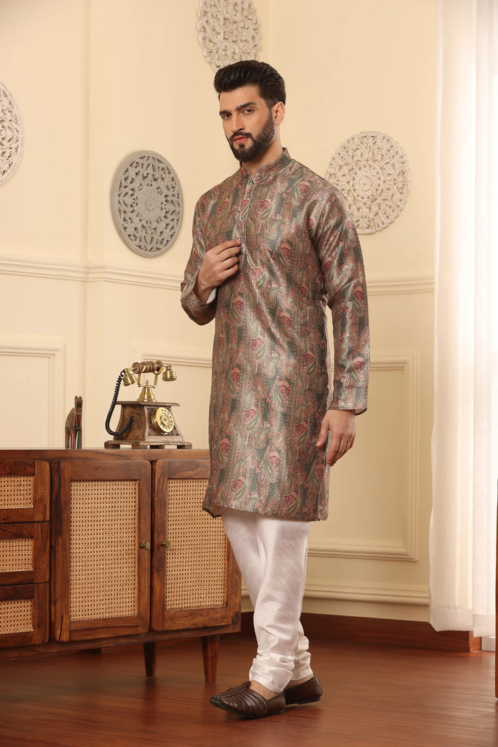 Silk Printed Green Kurta & Churidar Set