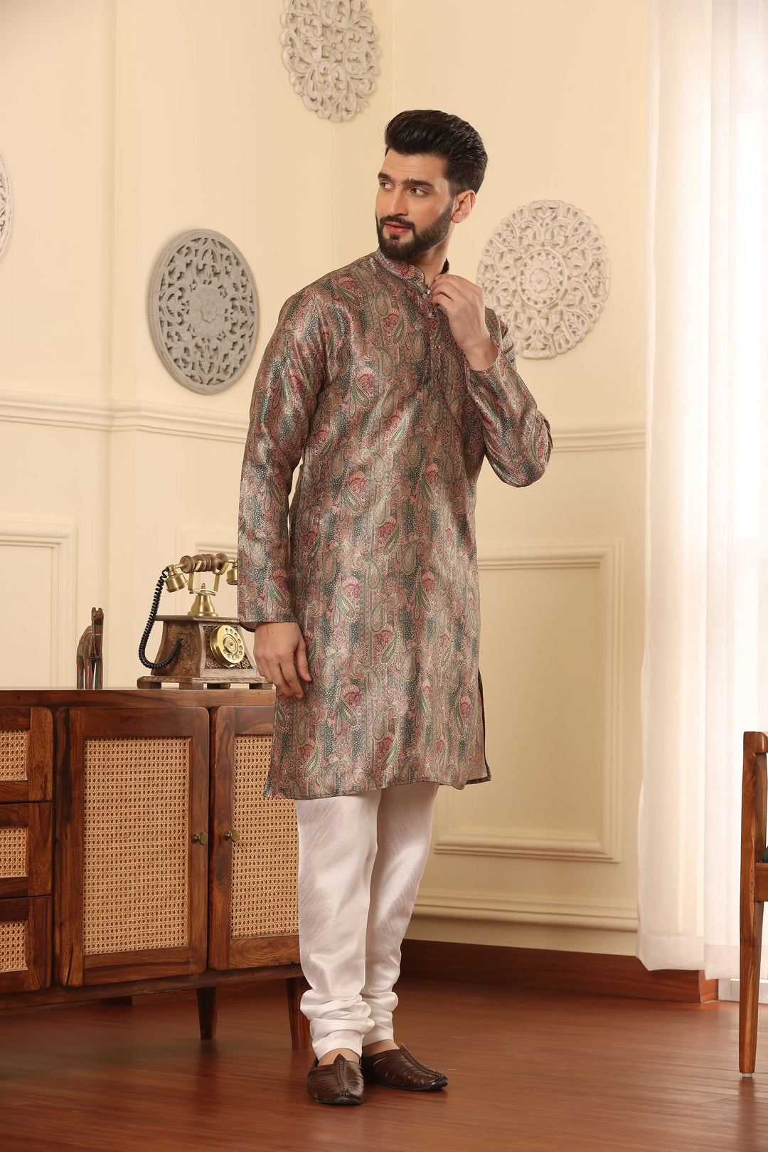 Silk Printed Green Kurta & Churidar Set