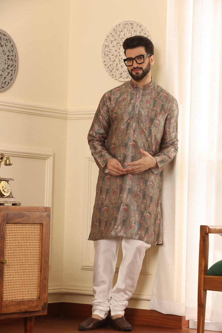 Silk Printed Green Kurta & Churidar Set