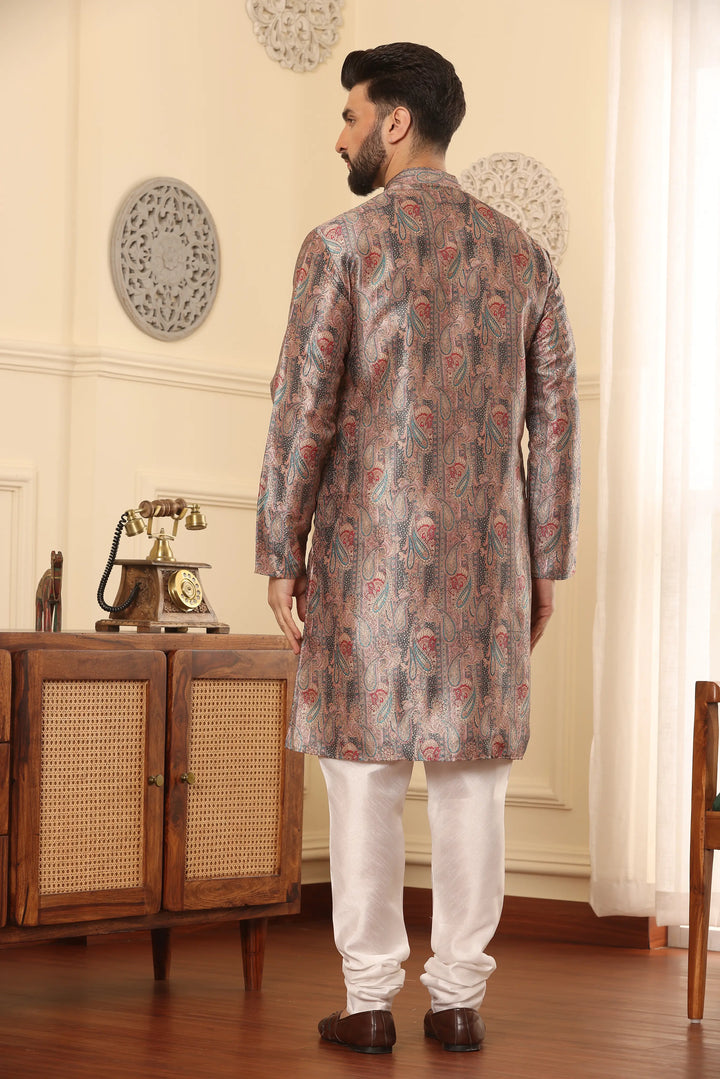 Red Silk Printed Kurta & Churidar Set