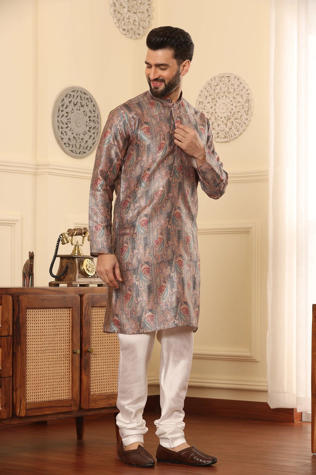 Red Silk Printed Kurta & Churidar Set