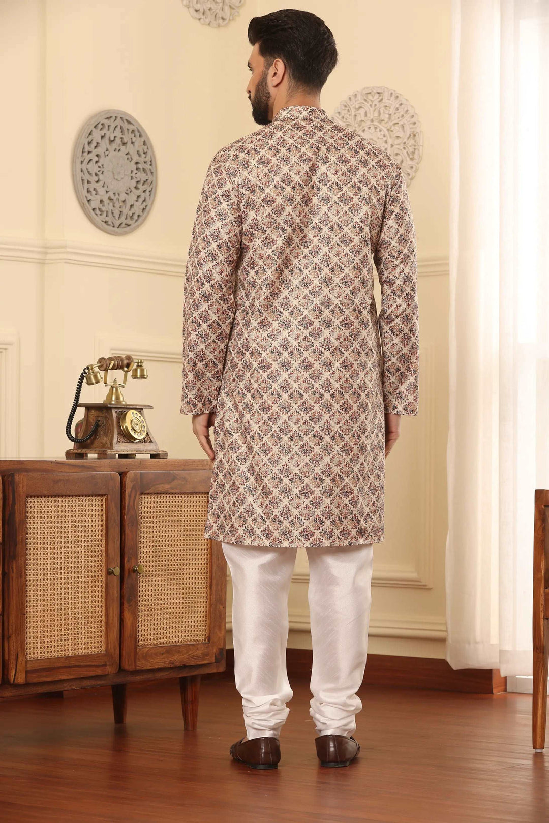 Beige Cotton Printed Kurta & White Silk Churidar Set for Men - Classic Style, Modern Comfort