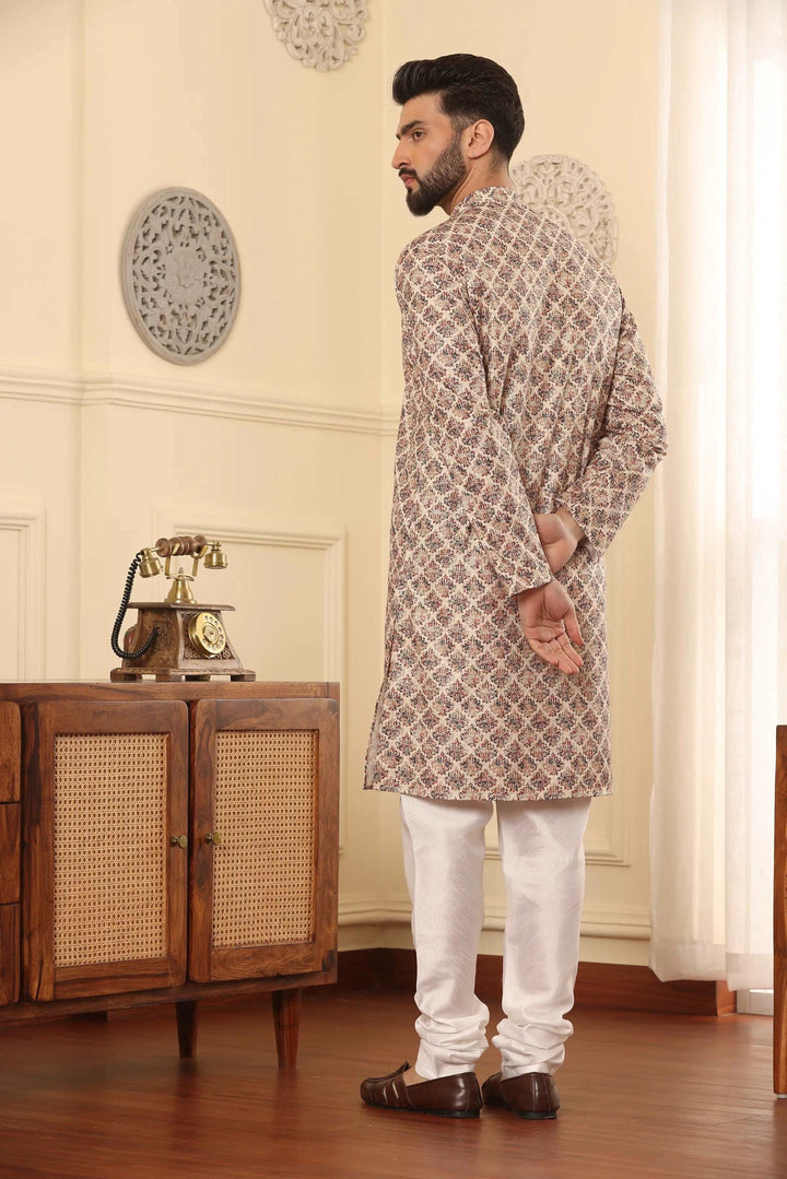 Beige Cotton Printed Kurta & White Silk Churidar Set for Men - Classic Style, Modern Comfort