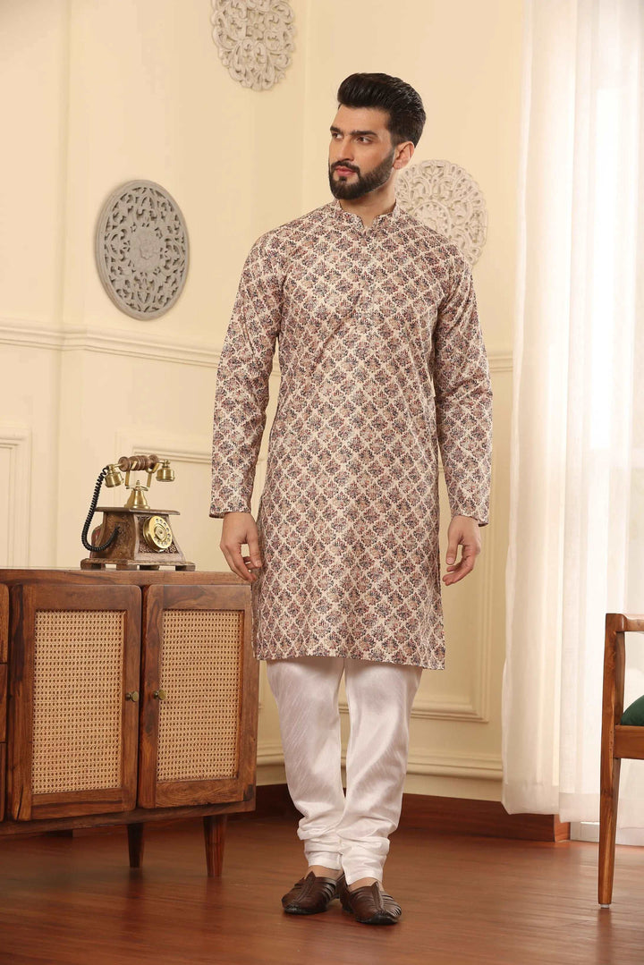 Beige Cotton Printed Kurta & White Silk Churidar Set for Men - Classic Style, Modern Comfort