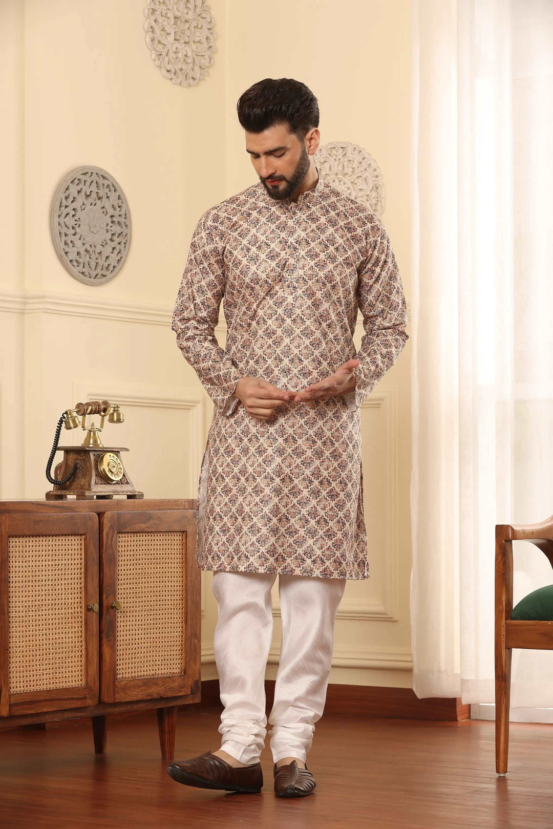 Beige Cotton Printed Kurta & White Silk Churidar Set for Men - Classic Style, Modern Comfort