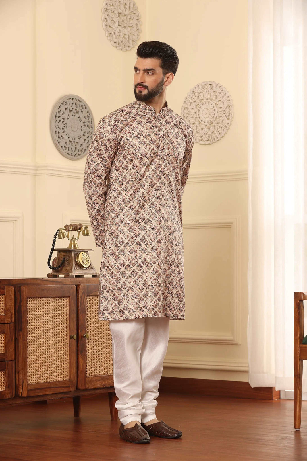 Beige Cotton Printed Kurta & White Silk Churidar Set for Men - Classic Style, Modern Comfort