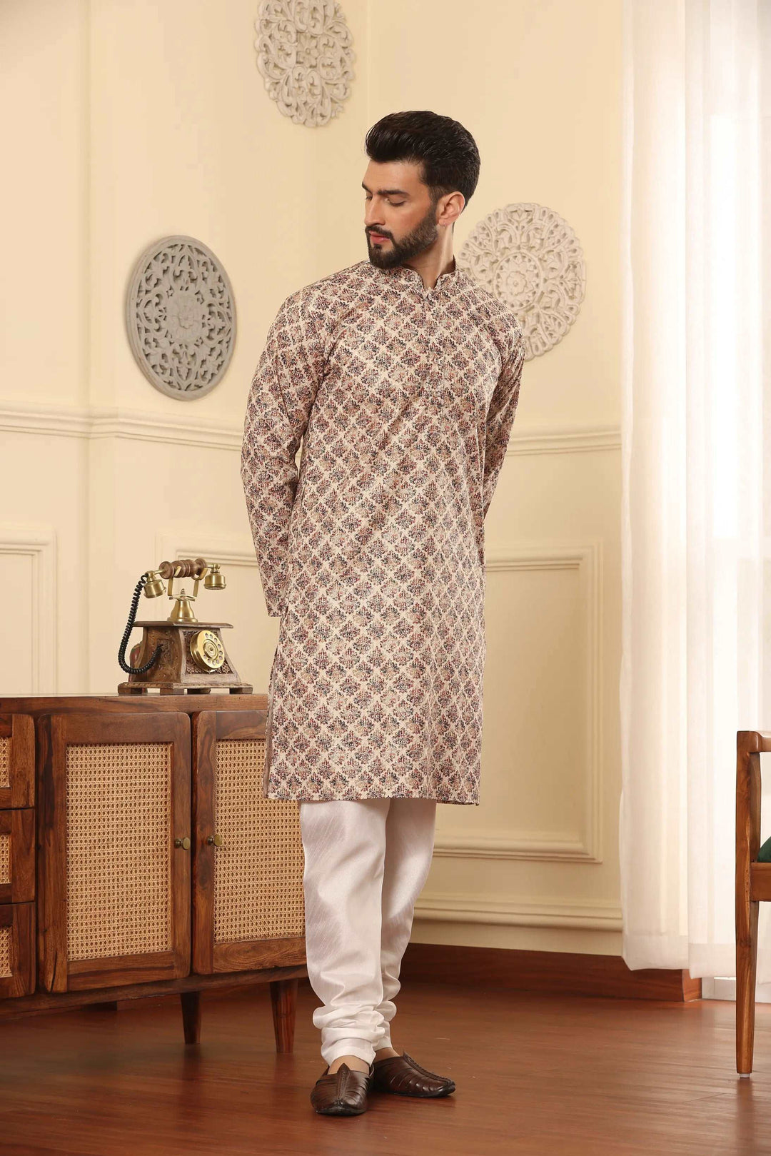 Beige Cotton Printed Kurta & White Silk Churidar Set for Men - Classic Style, Modern Comfort