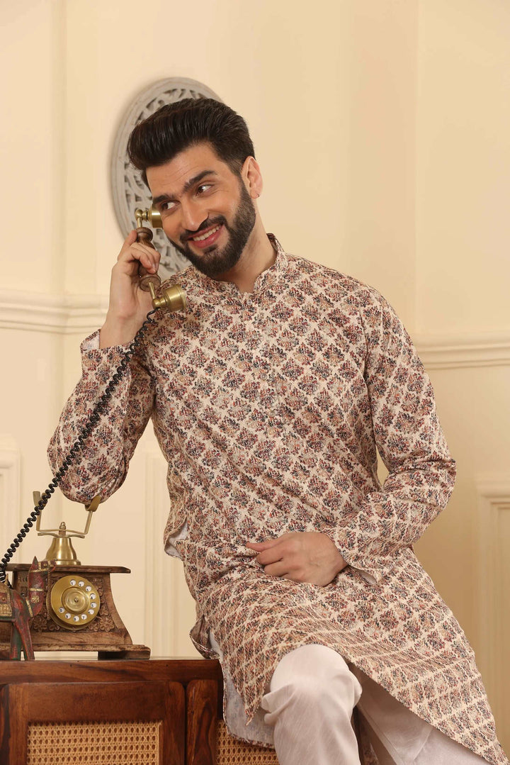 Beige Cotton Printed Kurta & White Silk Churidar Set for Men - Classic Style, Modern Comfort