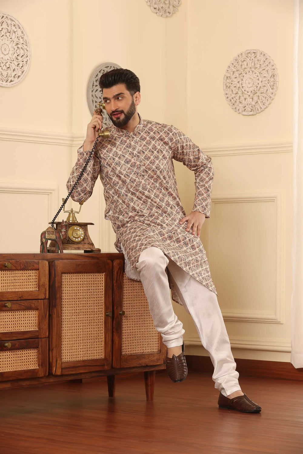 Beige Cotton Printed Kurta & White Silk Churidar Set for Men - Classic Style, Modern Comfort