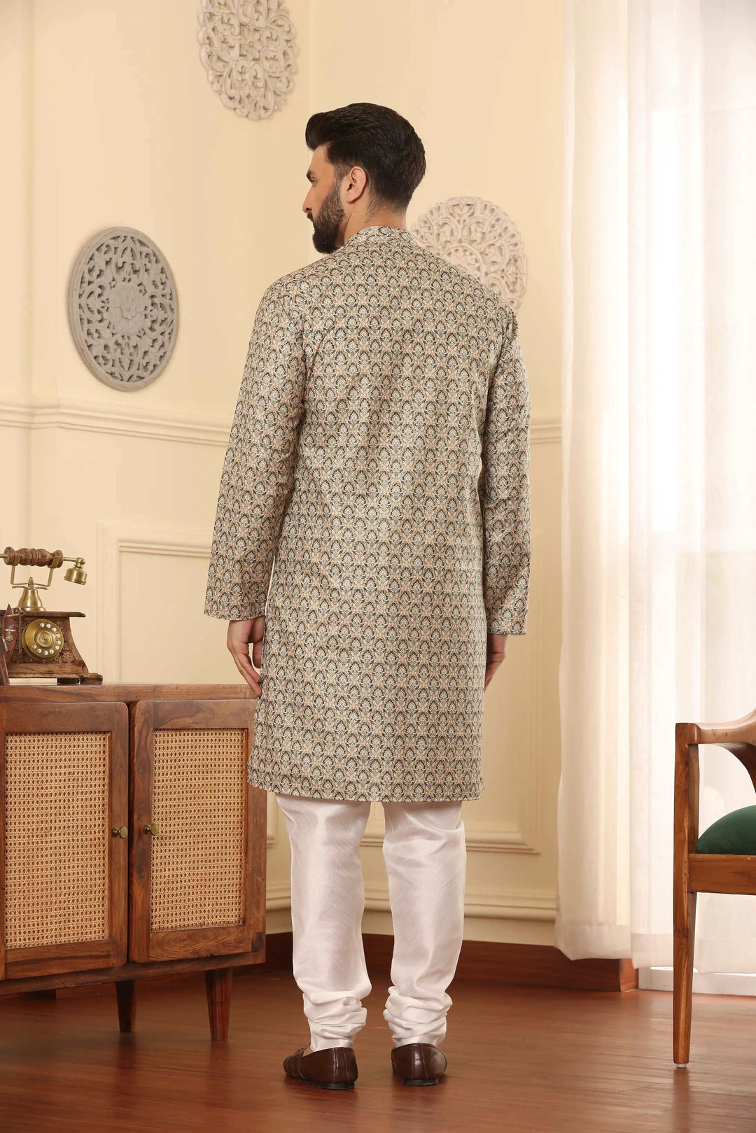 Light Green Cotton Printed Kurta & White Silk Churidar Set for Men - Effortless Elegance for Every Occasion