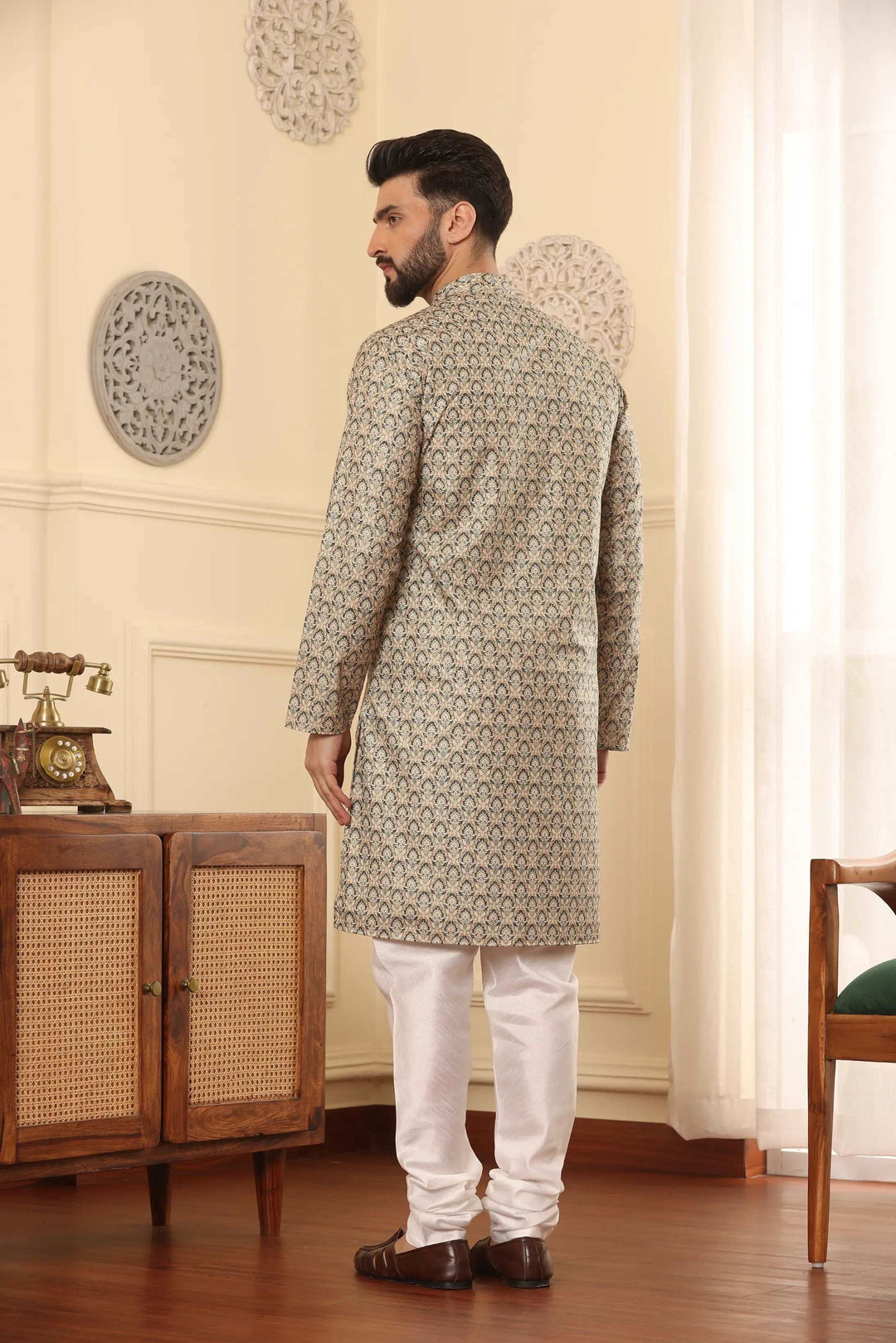 Light Green Cotton Printed Kurta & White Silk Churidar Set for Men - Effortless Elegance for Every Occasion