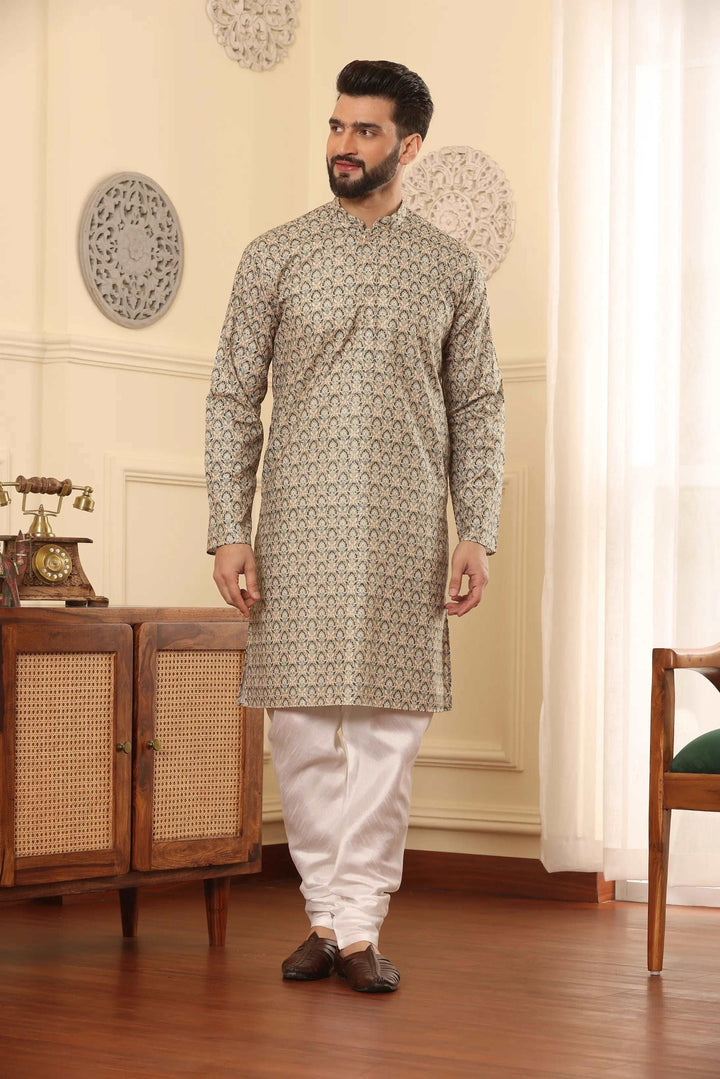 Light Green Cotton Printed Kurta & White Silk Churidar Set for Men - Effortless Elegance for Every Occasion