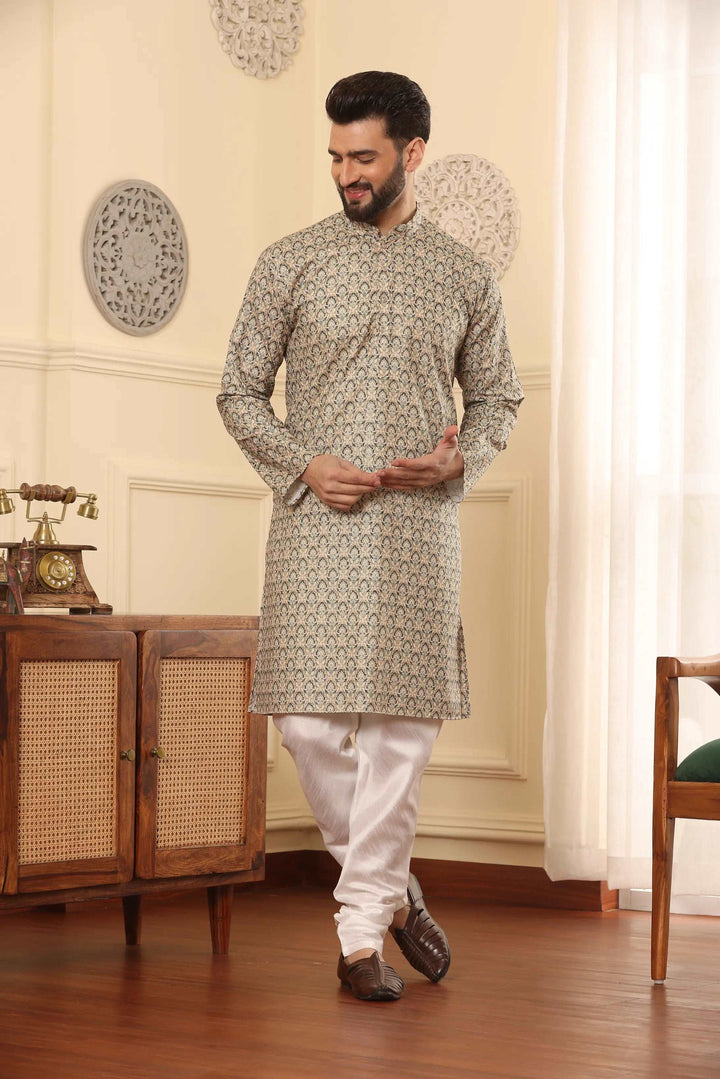 Light Green Cotton Printed Kurta & White Silk Churidar Set for Men - Effortless Elegance for Every Occasion