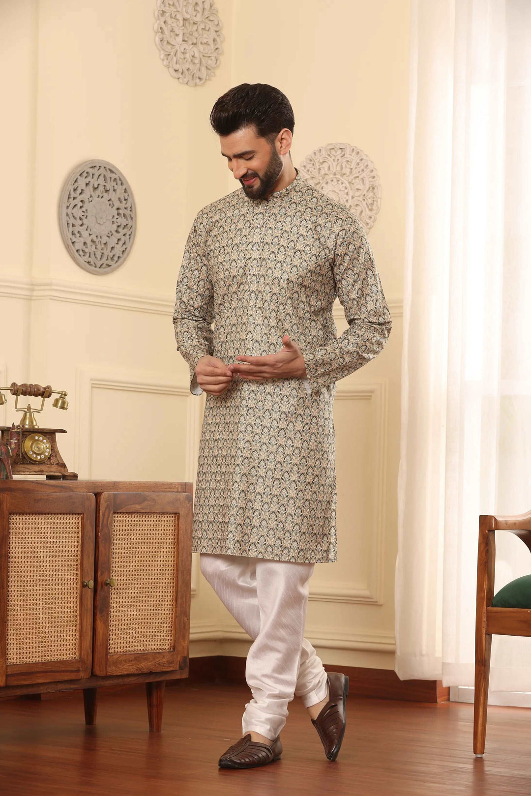 Light Green Cotton Printed Kurta & White Silk Churidar Set for Men - Effortless Elegance for Every Occasion