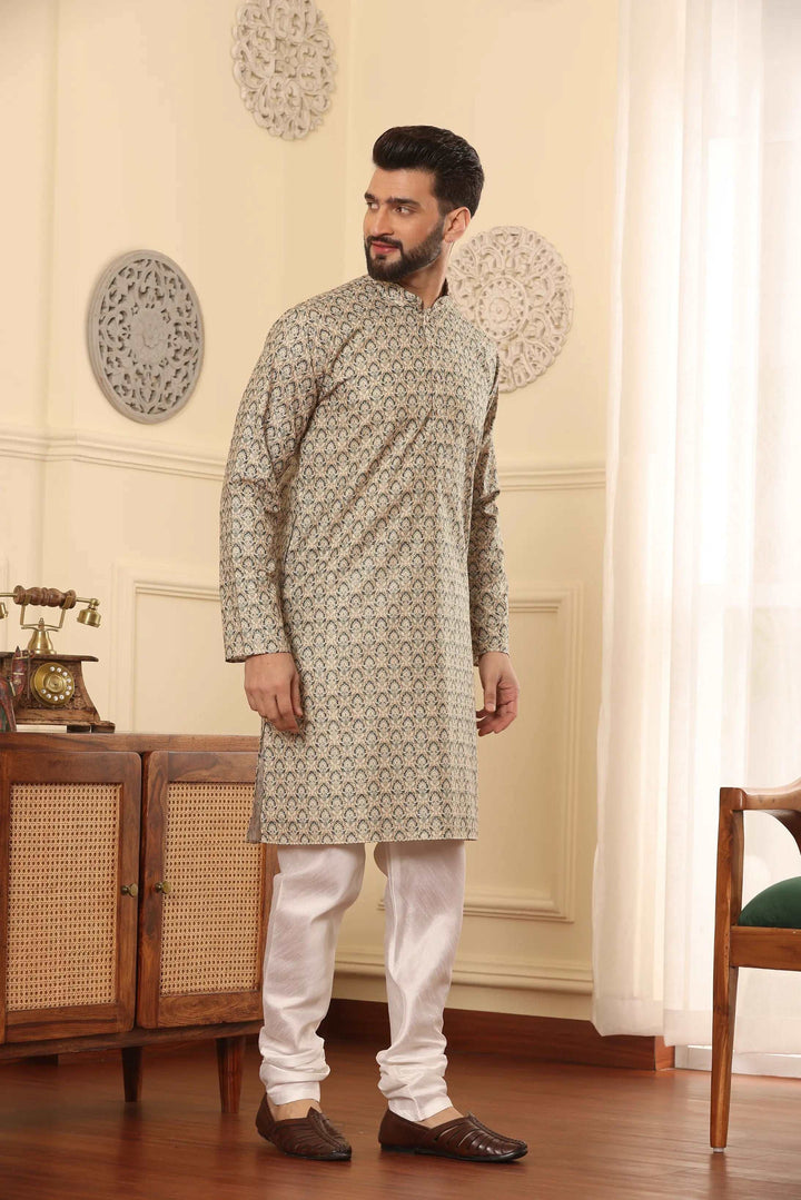 Light Green Cotton Printed Kurta & White Silk Churidar Set for Men - Effortless Elegance for Every Occasion