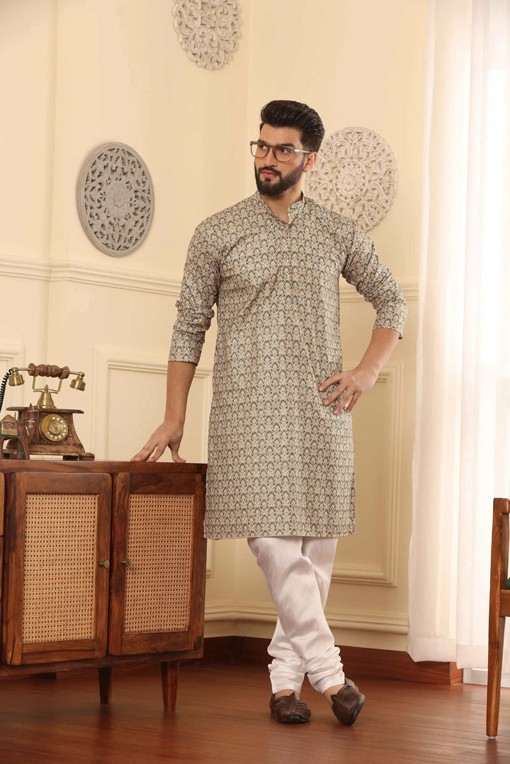 Light Green Cotton Printed Kurta & White Silk Churidar Set for Men - Effortless Elegance for Every Occasion