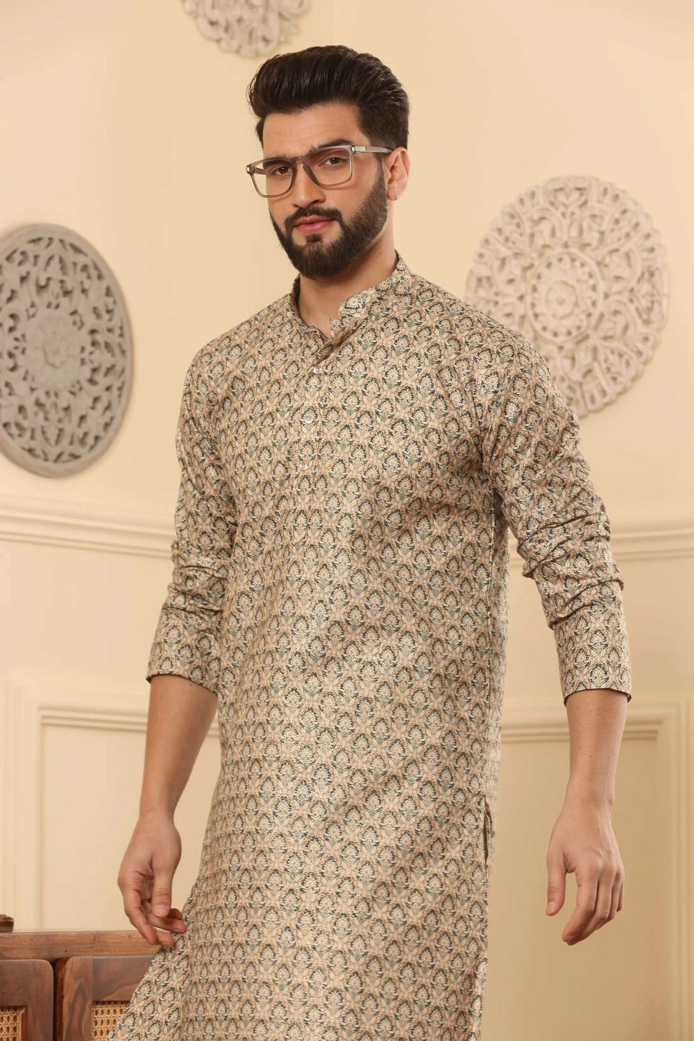 Light Green Cotton Printed Kurta & White Silk Churidar Set for Men - Effortless Elegance for Every Occasion