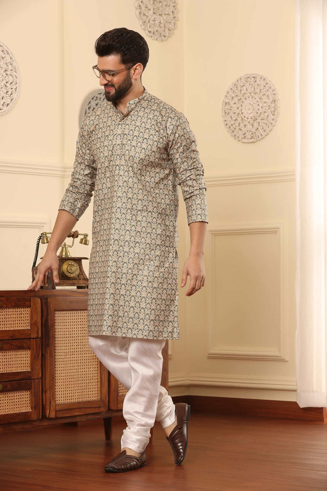 Light Green Cotton Printed Kurta & White Silk Churidar Set for Men - Effortless Elegance for Every Occasion