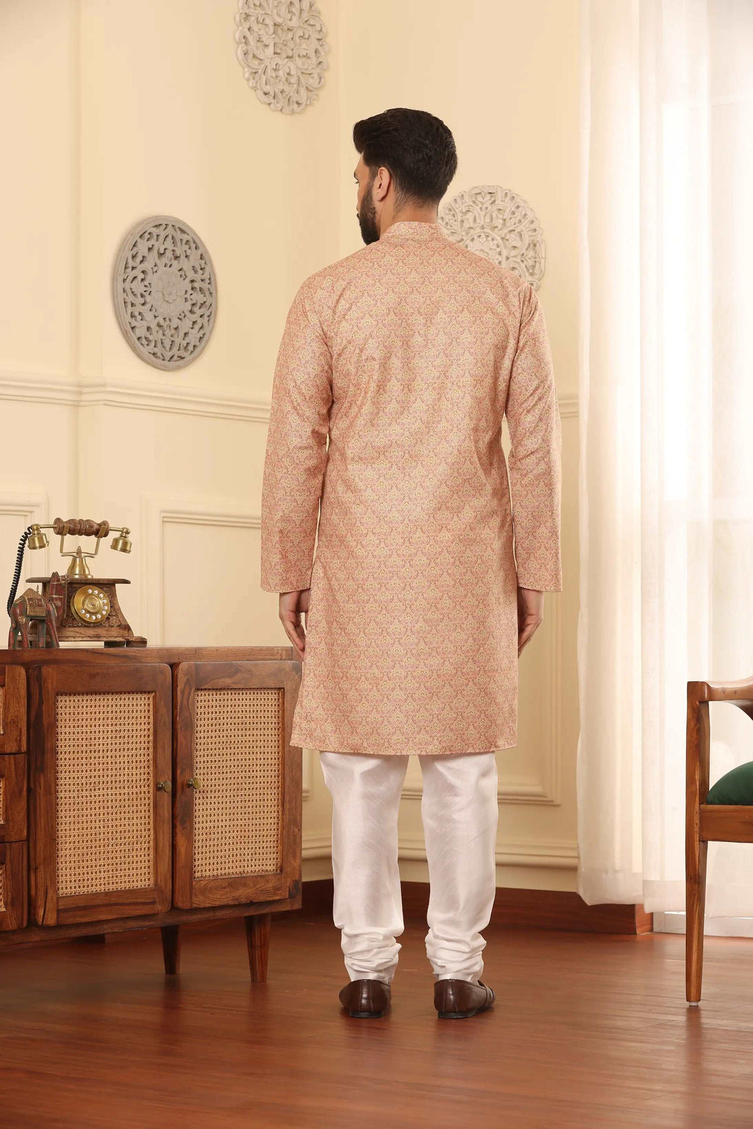 Cotton Printed Kurta with White Churidar Pajama Set for Men - Effortless Style, Timeless Sophistication